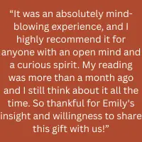 Client testimonial: describes their reading with Emily as a mind-blowing experience they still think about a month later, thankful for her insight.